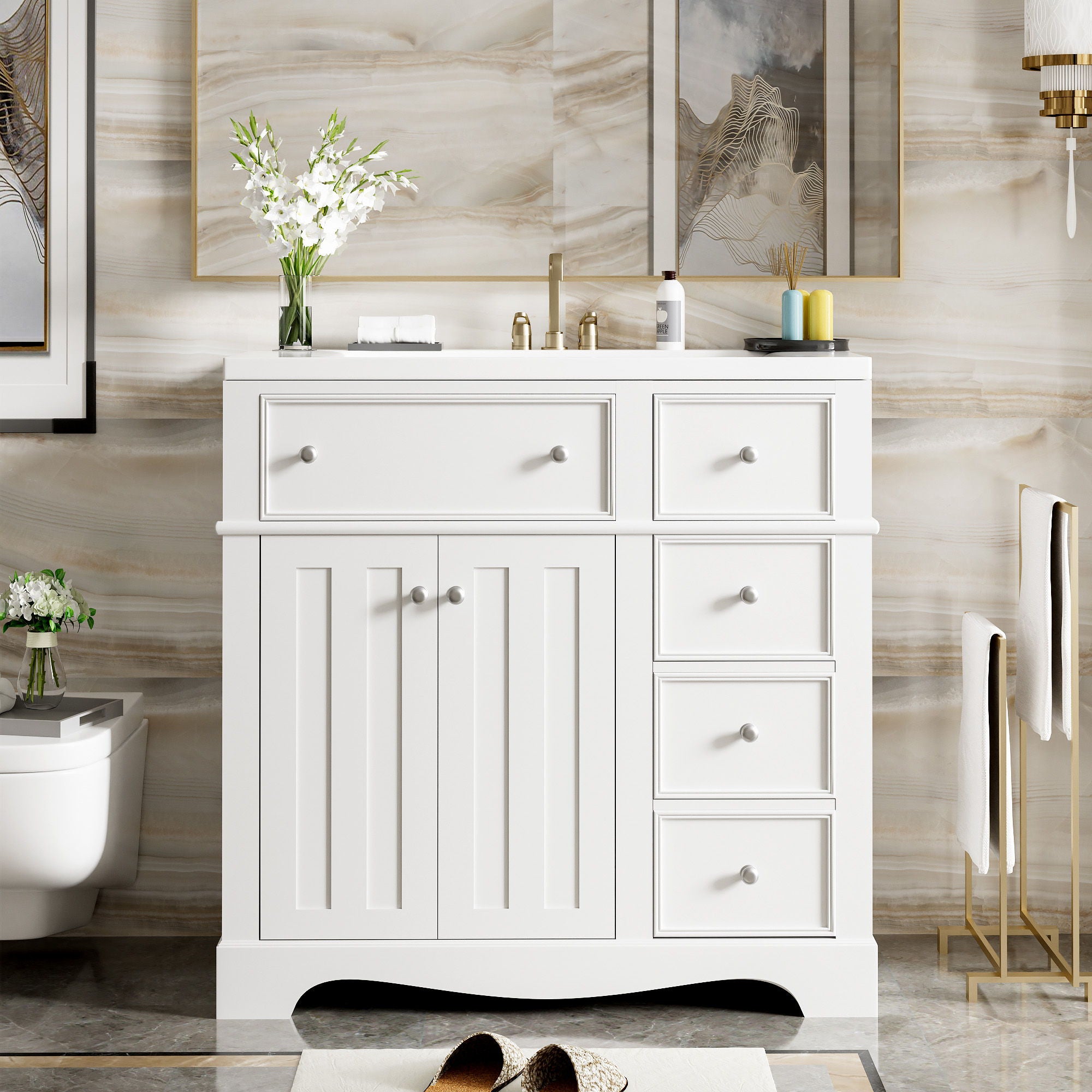 Bathroom Vanity With Resin Sink Combo, Frame Bathroom Storage Cabinet, Freestanding Vanity Set With 3 Drawers &amp; Adjustable Shelf - White