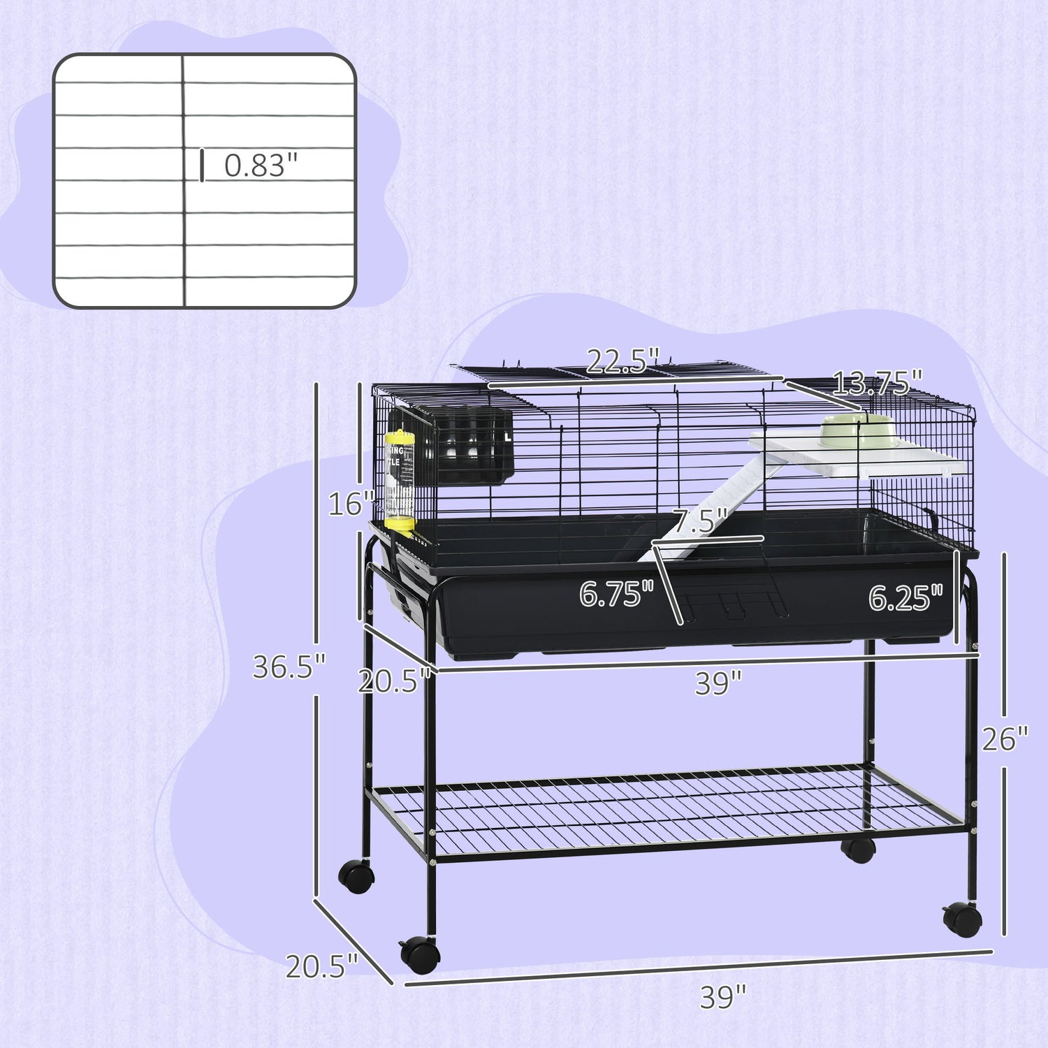 Pawhut - Two-Story Small Animal Cage Removable From Stand, Guinea Pig Cage, Hedgehog Cage, Chinchilla Cage, Ferret, With Shelf &amp; Wheels, Pet Habitat - Black