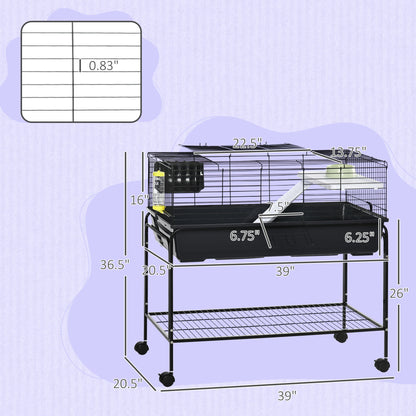Pawhut - Two-Story Small Animal Cage Removable From Stand, Guinea Pig Cage, Hedgehog Cage, Chinchilla Cage, Ferret, With Shelf &amp; Wheels, Pet Habitat - Black