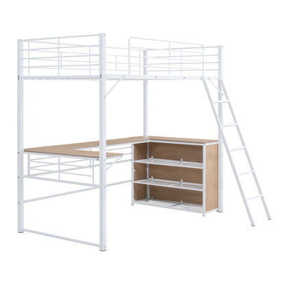 Loft Bed &amp; 3 Layers Of Shelves And L-Shaped Desk
