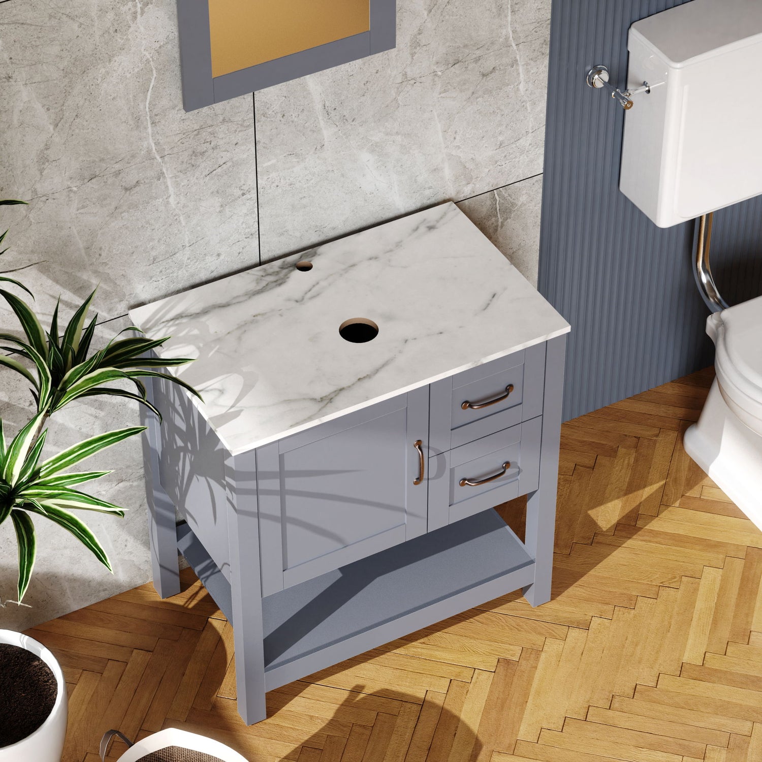 30&quot; Gray Bathroom Vanity And Sink Combo Marble Pattern Top With Mirror Faucet &amp; Drain - Gray