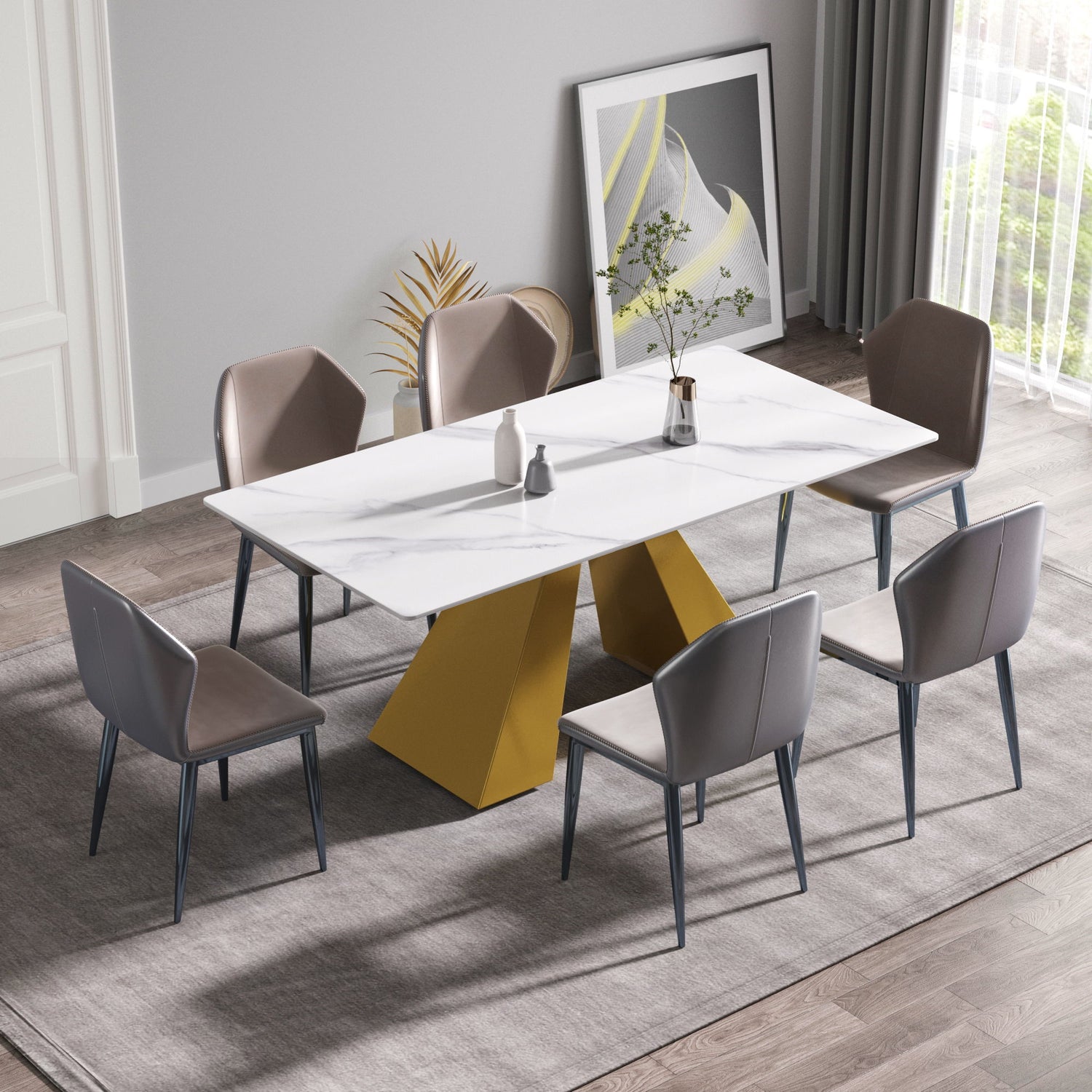 70.87&quot; Modern Artificial Stone White Straight Edge Metal Leg Dining Table - White / Gold