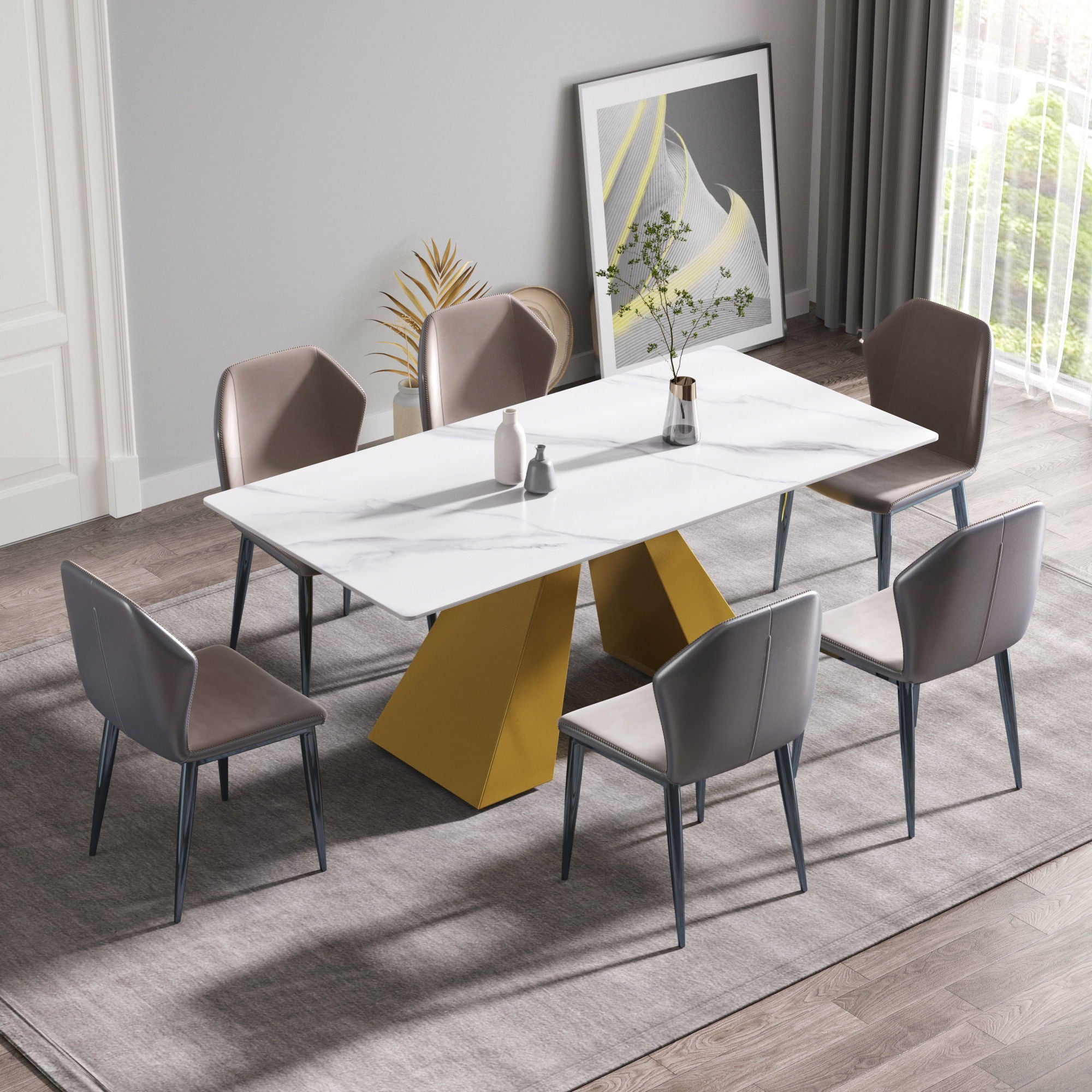70.87&quot; Modern Artificial Stone White Straight Edge Metal Leg Dining Table - White / Gold