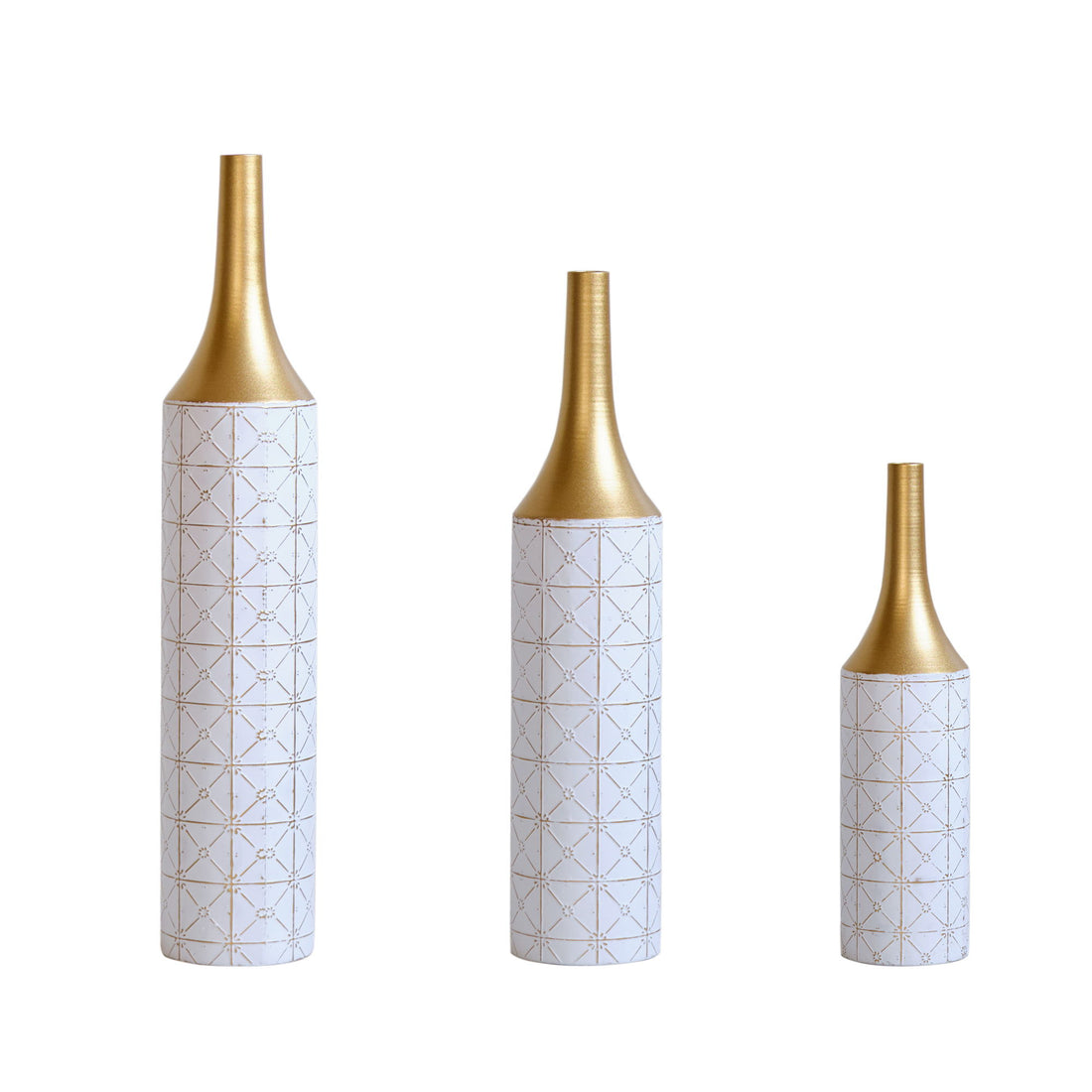 Floor Metal Vases Decorated White Metal Vases (Set of 3) Gorgeous Home Decoration Large Glazed Metal Vases - White / Gold