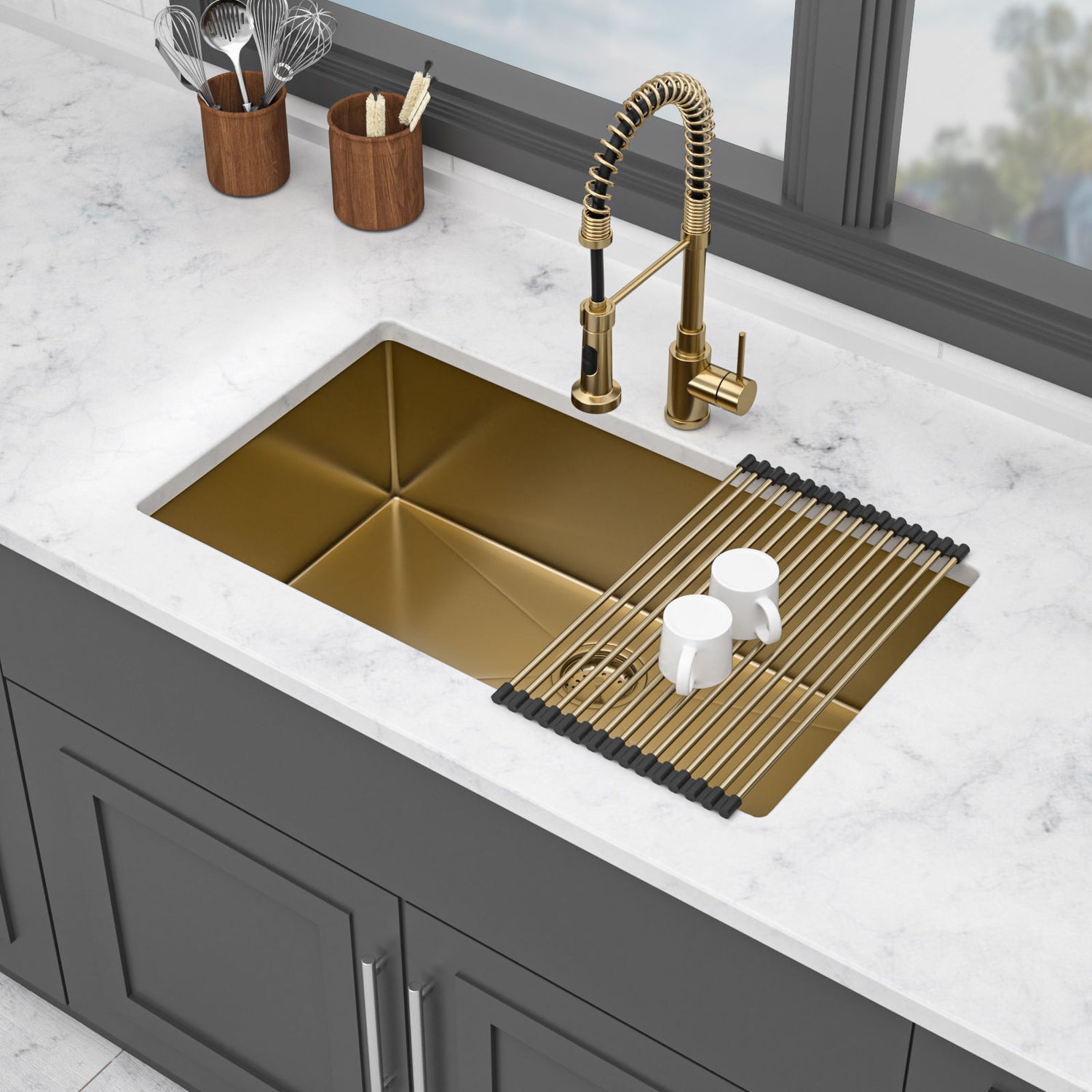 Gold Finish Undermount Stainless Steel Kitchen Sink 32&quot; X 19&quot; 16 Gauge Deep Single Bowl