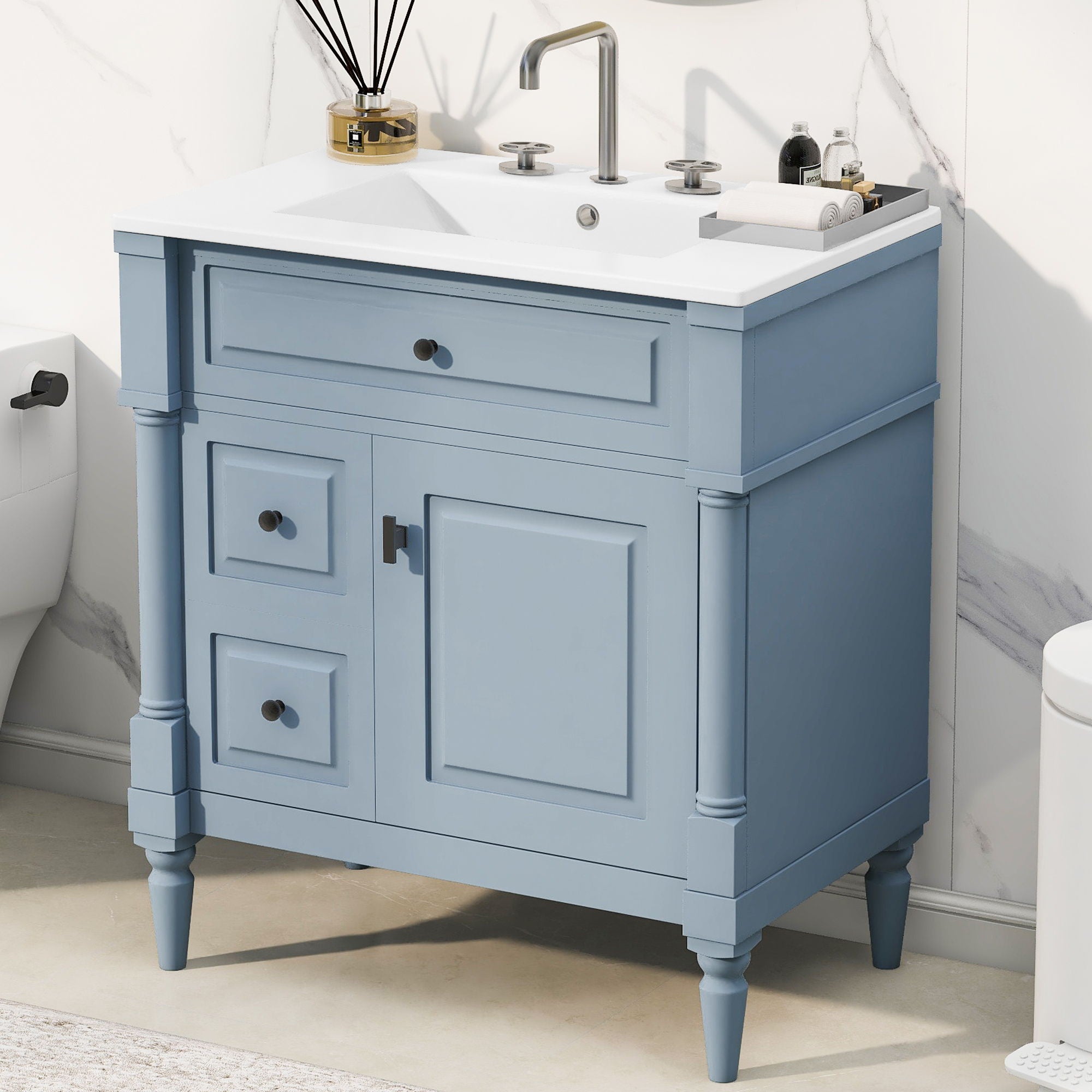 Modern Bathroom Vanity With Sink, Freestanding Cabinet With Flip Drawer &amp; Adjustable Shelf