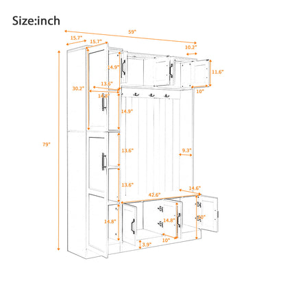 Tall Hall Tree With Shoe Storage, 4 In 1 Entryway Bench With 6 Cabinets, 4 Coat Hooks &amp; Adjustable Shelf For Hallway - White