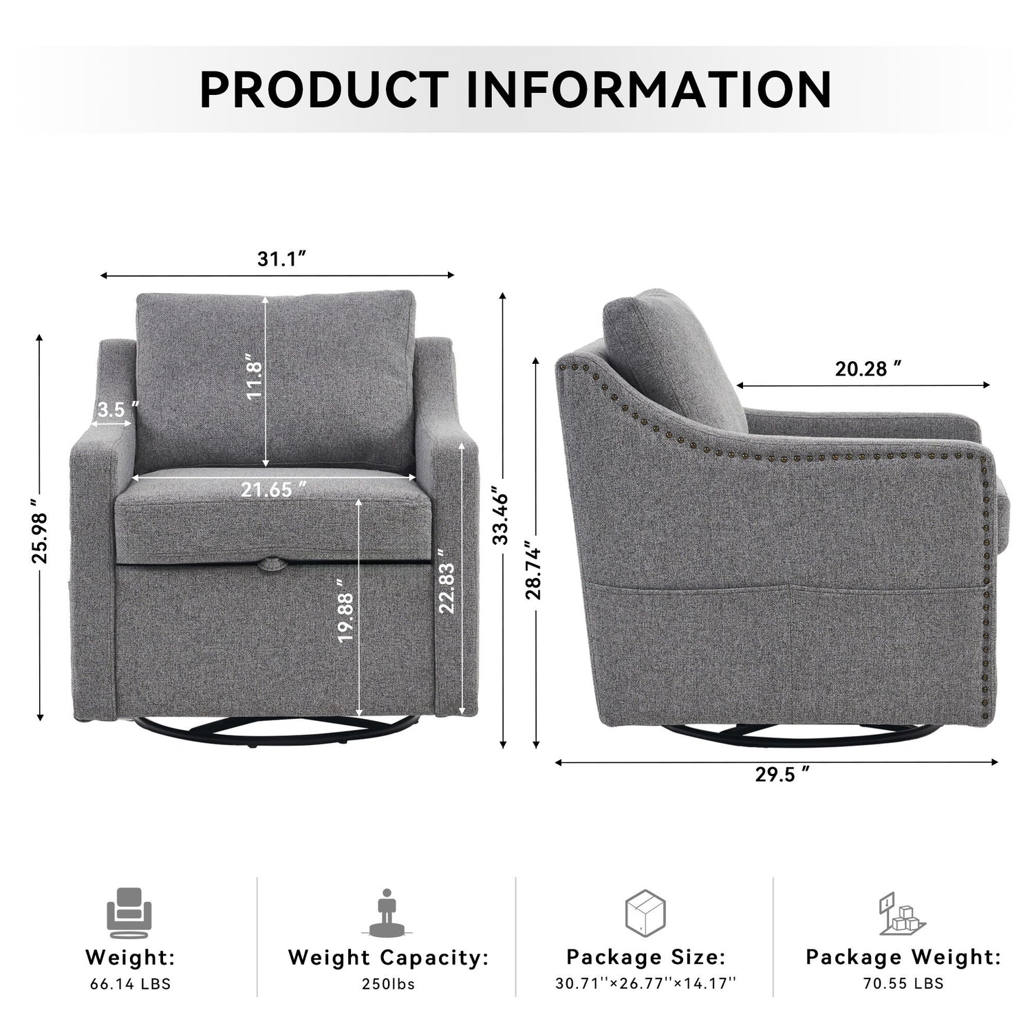 Linen Fabric 360° Swivel Accent Chair With Upholstered Back Pillow And Rivet Armrest