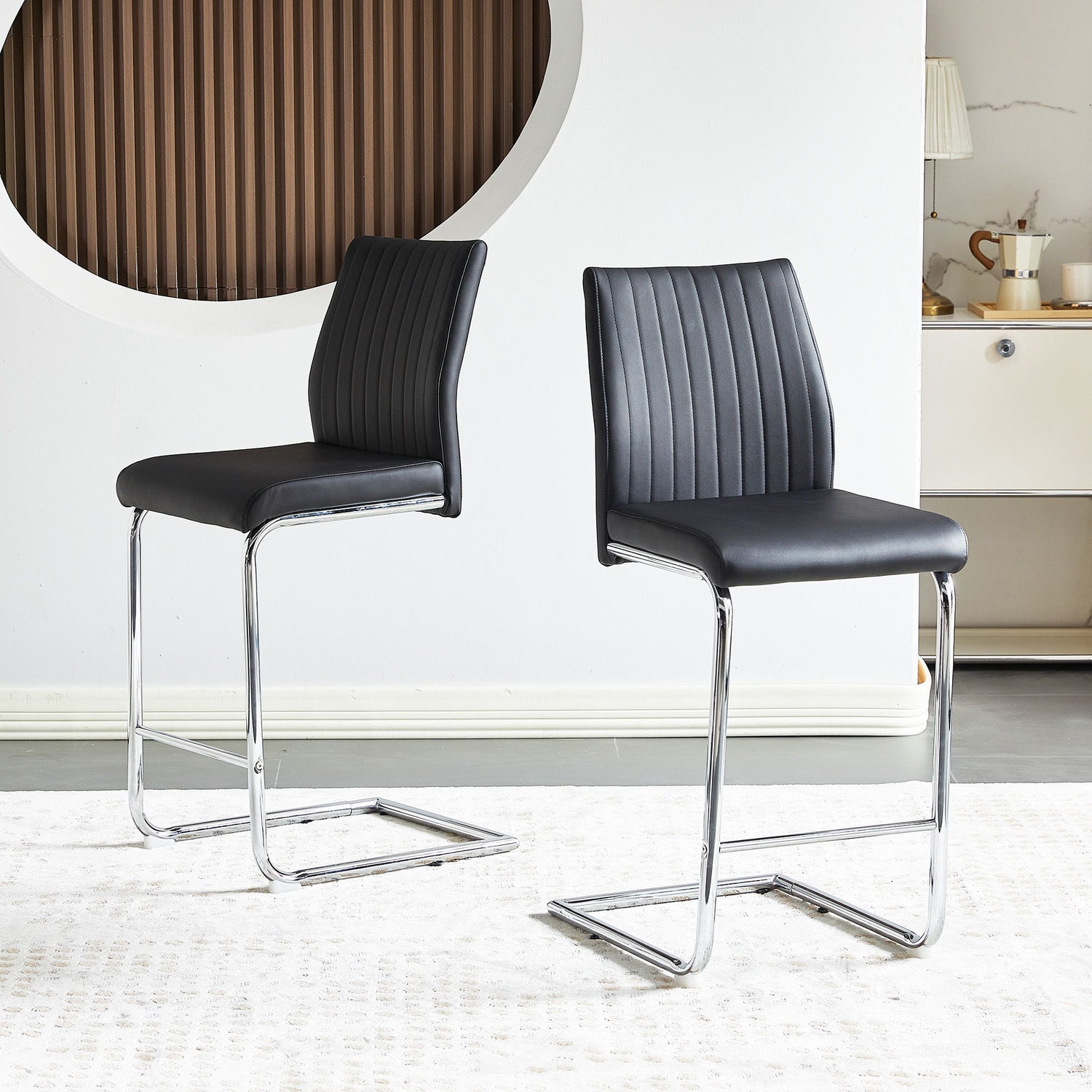 Modern Simple Bar Chair Leather Chrome Metal Pipe, Restaurant, Family Bar Chair (Set of 2) - Black