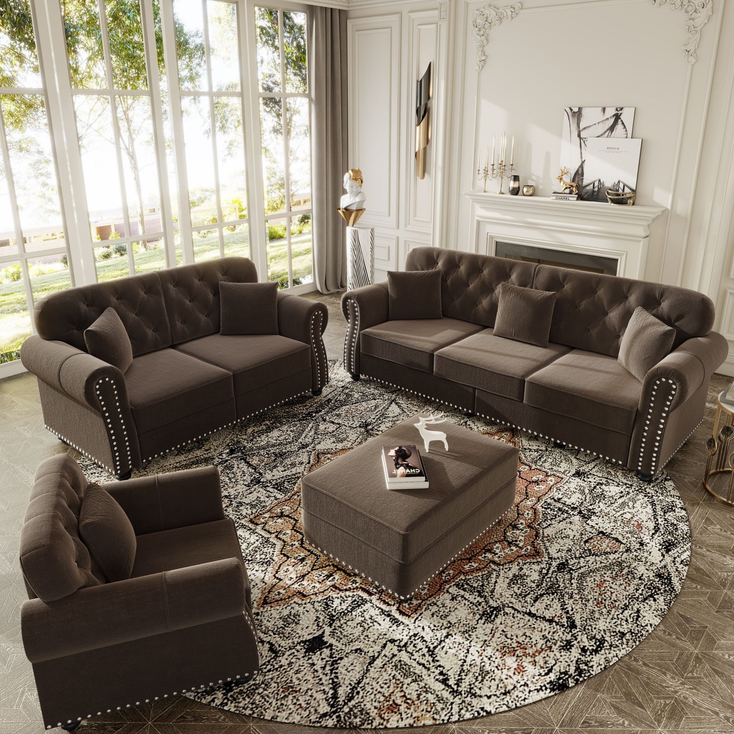 Upholstered Sofa Set With Nailhead Trim And Rolled Armrests, Includes Pillows