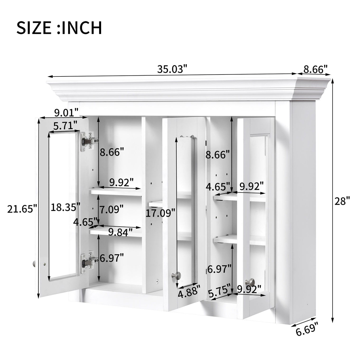 Bathroom Medicine Cabinet With Mirror, 5 Adjustable Closed Shelves, Wall-Mounted - White