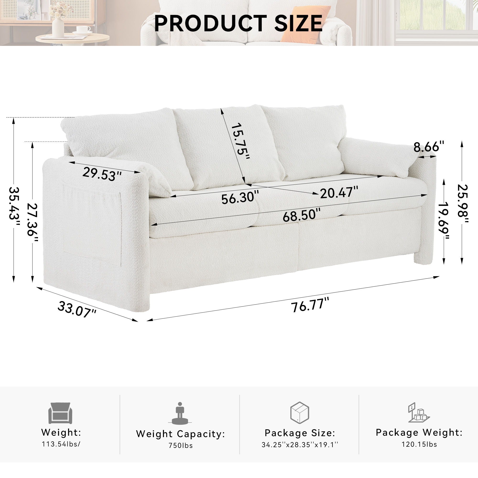 Modern 3 Seater Sofa Chenille Couch Plush Triple Seater Sofa With High Density Foam Cushions, Deep Seat Living Room Couch For Family Room, Apartment &amp; Home Theater - Ivory White