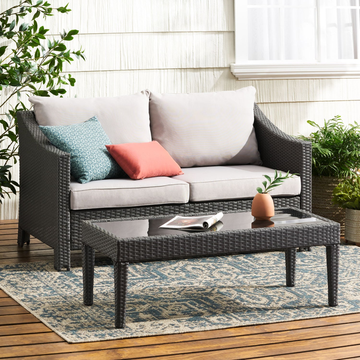 Contemporary Antibes Loveseat &amp; Table Set Outdoor - Gray