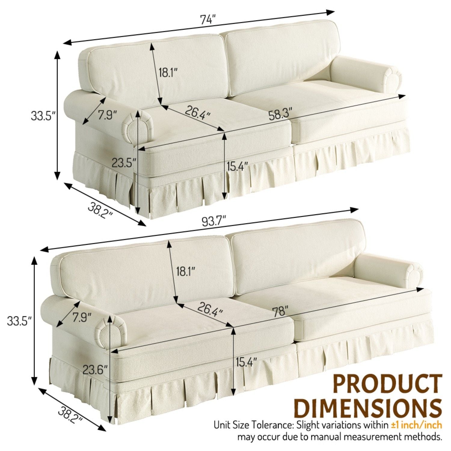 Luxuriously Comfortable Cloud Couch With Elegant Rolled Arms &amp; Pleated Skirt Design