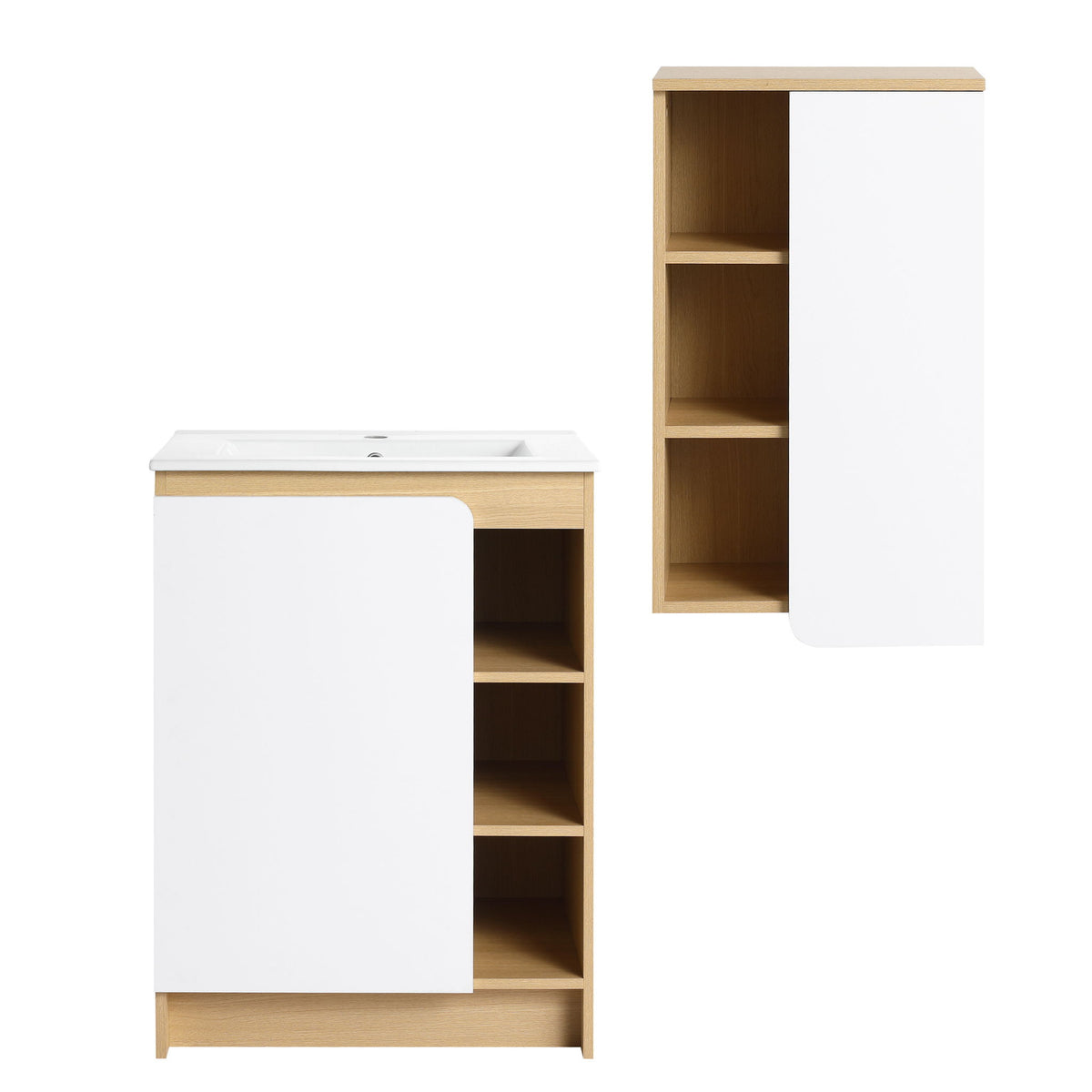 24" Bathroom Vanity With Sink &amp; Wall Mounted Side Cabinet, Vanity Set With Thin Edge Sink, Interchangeable &amp; Door Panels, Open &amp; Hidden Storage - Black / Light Oak / White