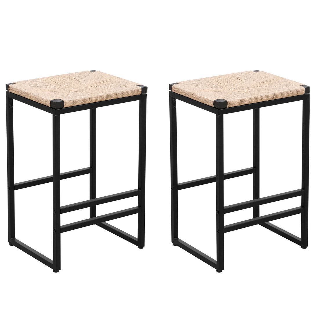Boho Style Backless Bar Stools (Set of 2) With Paper Rope Woven Seat &amp; Metal Frame For Kitchen Counter