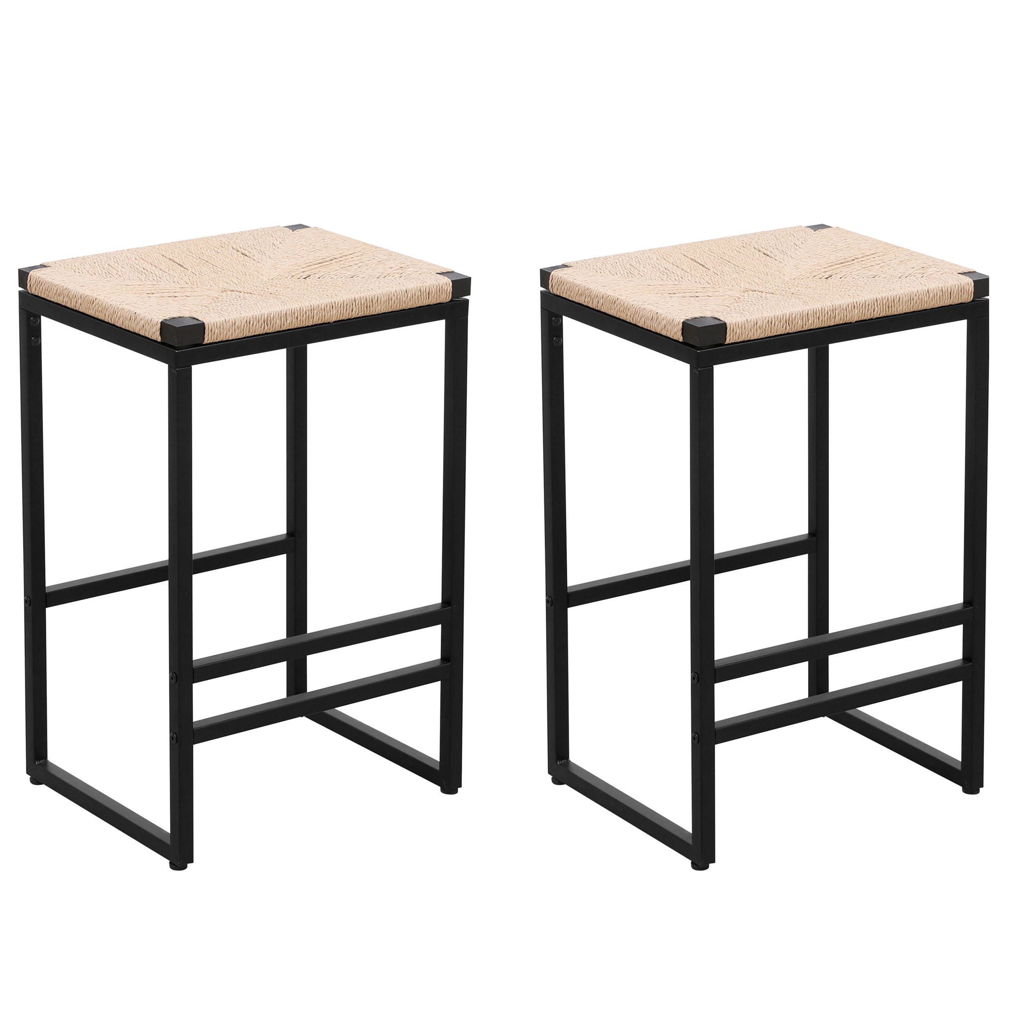 Boho Style Backless Bar Stools (Set of 2) With Paper Rope Woven Seat &amp; Metal Frame For Kitchen Counter