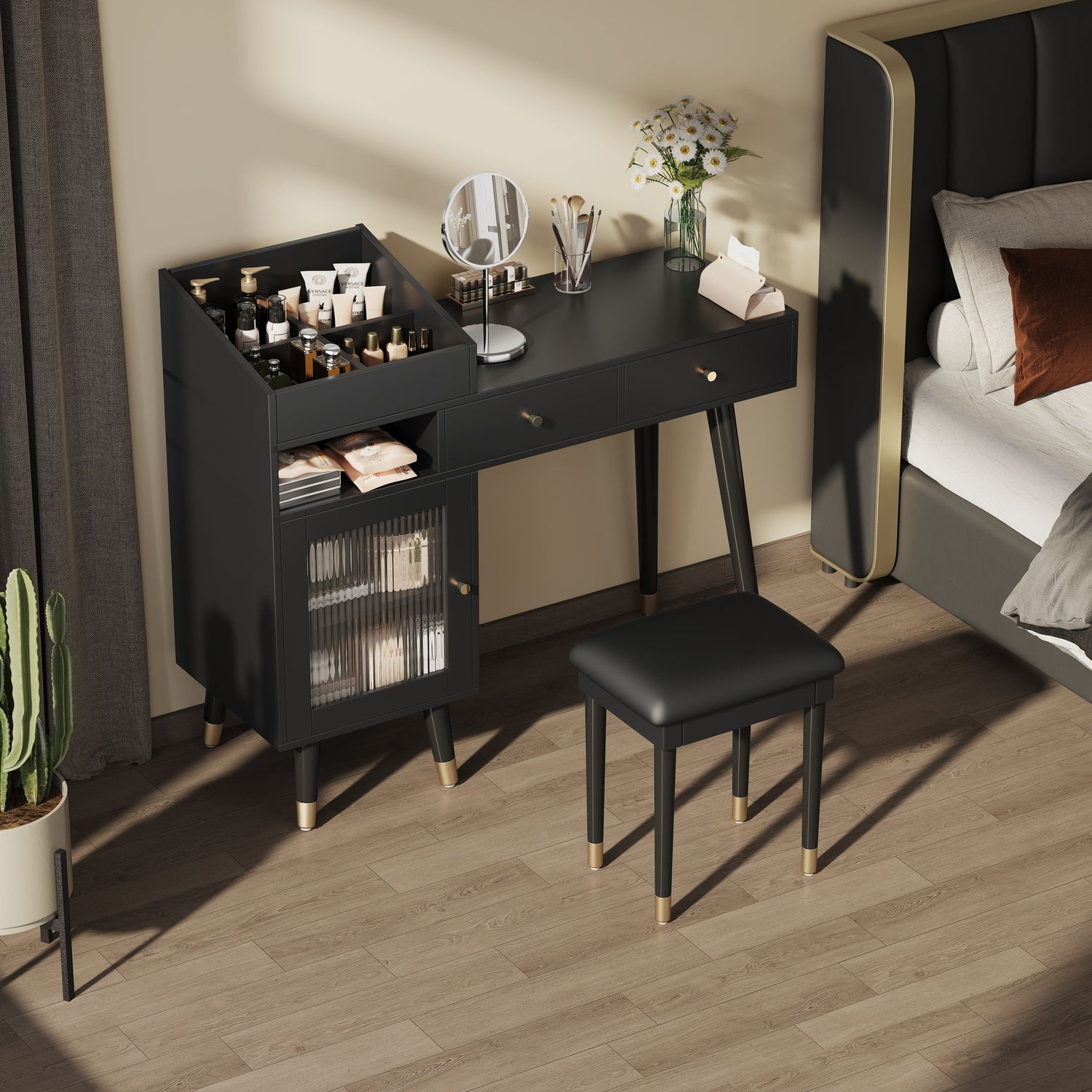 Modern Makeup Vanity Desk With Drawers Cabinet &amp; Charging Port Engineered Wood Space Saving Design For Small Places - Black