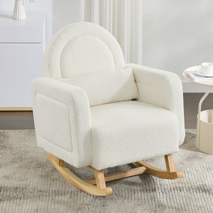 Accent Rocking Chair With Curved Back &amp; Pillow, Base, Ultimate Comfort For Living Room Or Nursery - Cream White