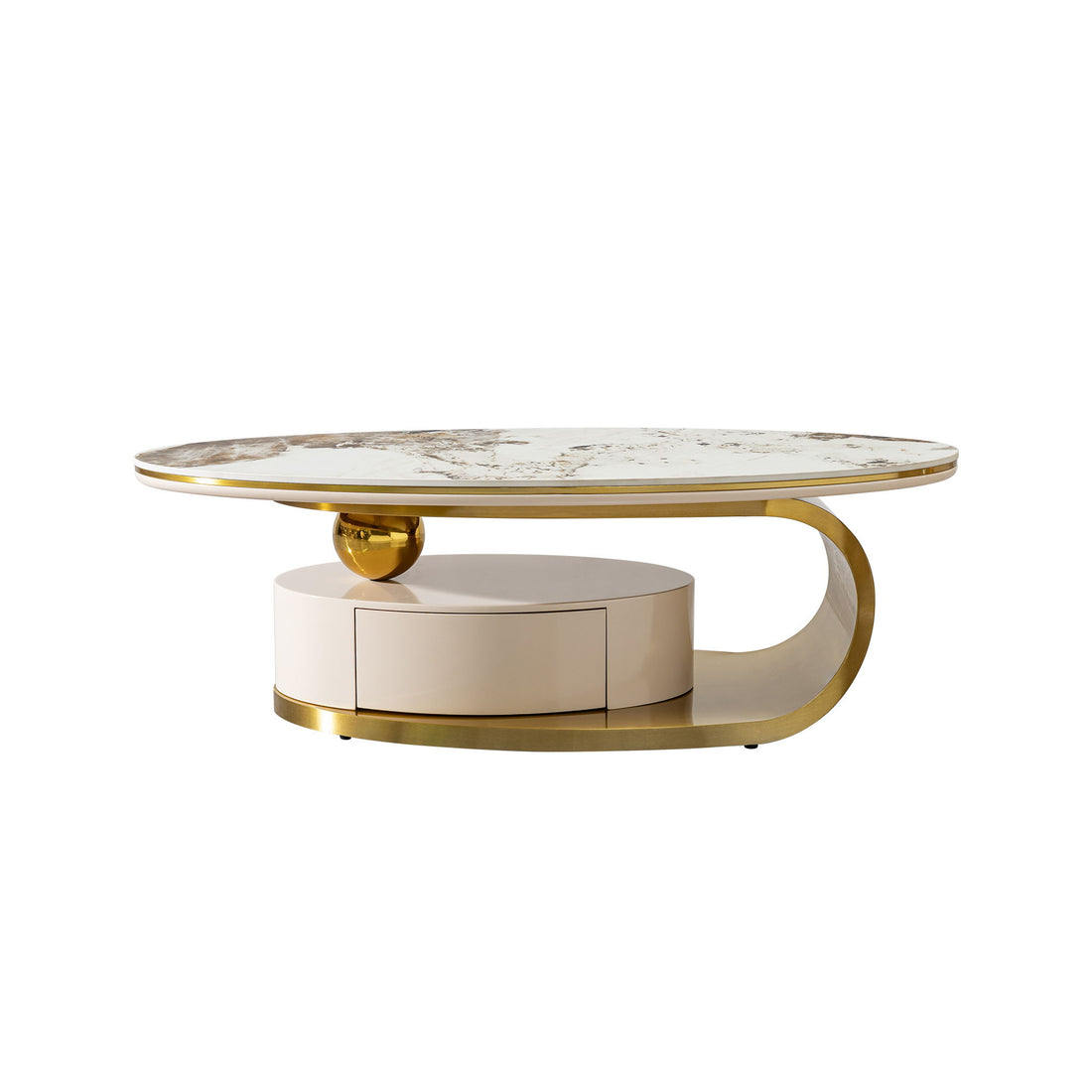 Modern Coffee Table Thick Sintered Stone Top With 2 Drawers Matt Stainless Steel Base - Gold
