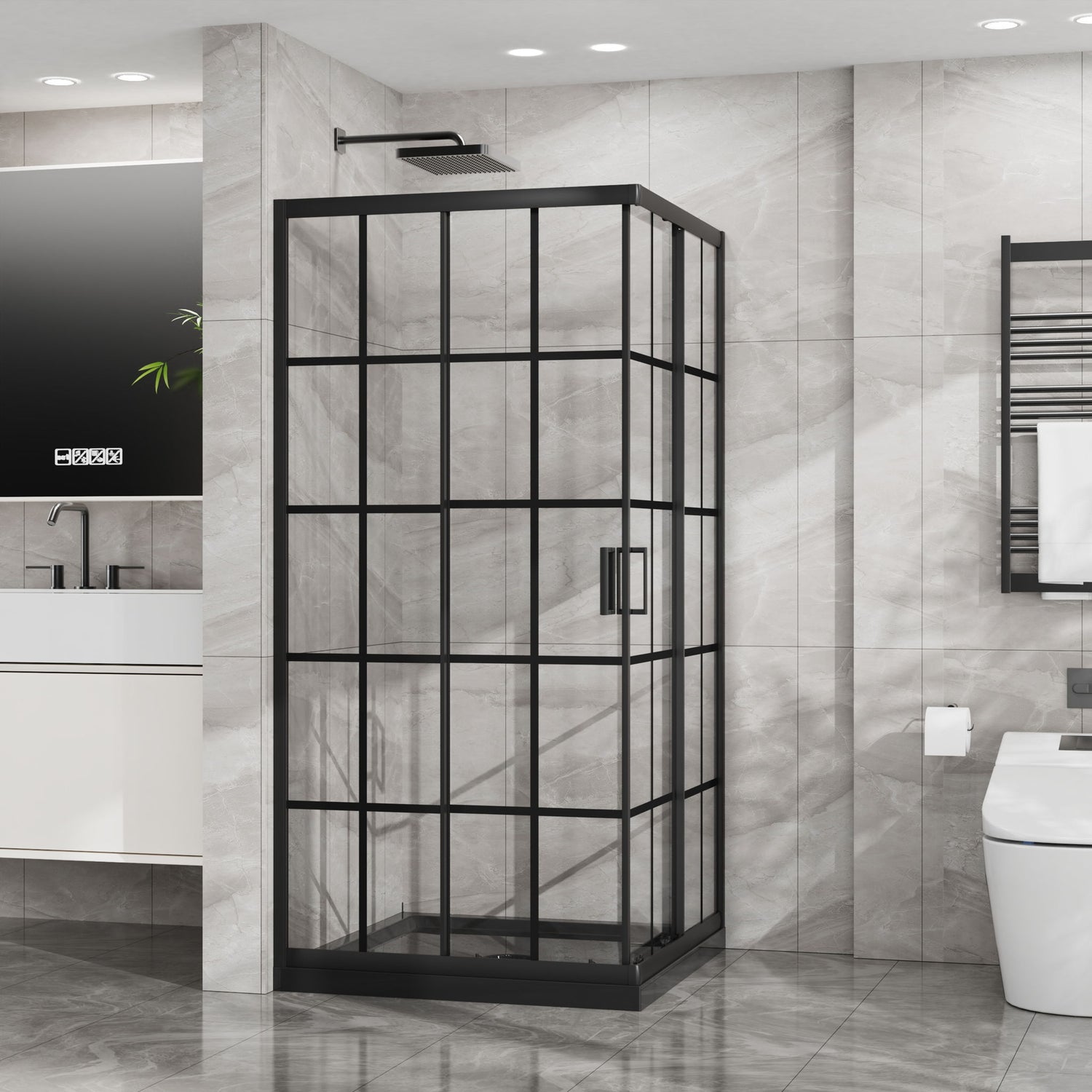 Corner Shower Enclosure, Double Sliding Door, Base - Matte Black