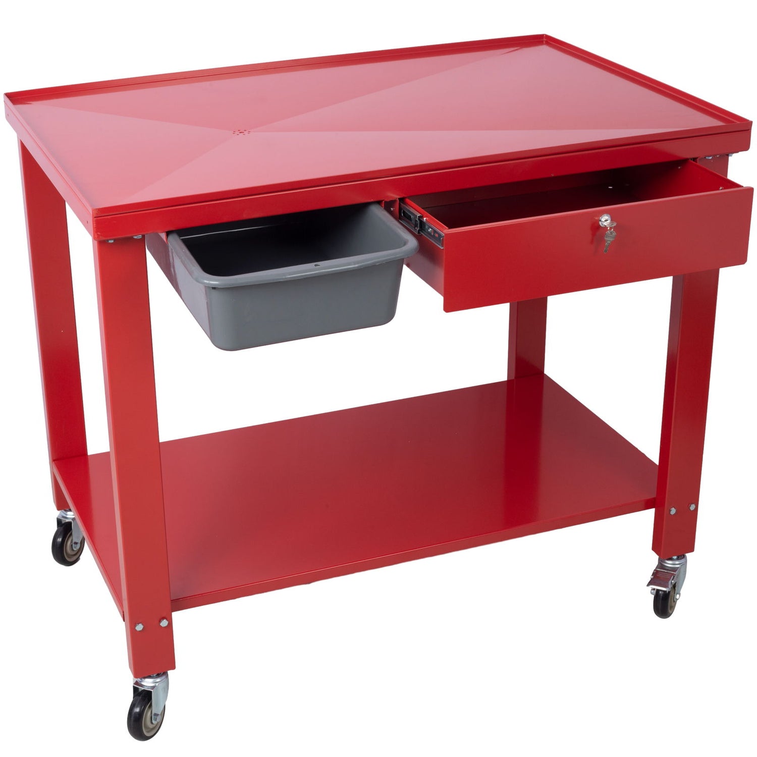 Transmission Teardown Work Station 1 / 2 Ton Capacity Sloping Drain Table Locking Drawer Removable Drain Basin Full-Width Lower Shelf Four 4&quot; Caster Wheels